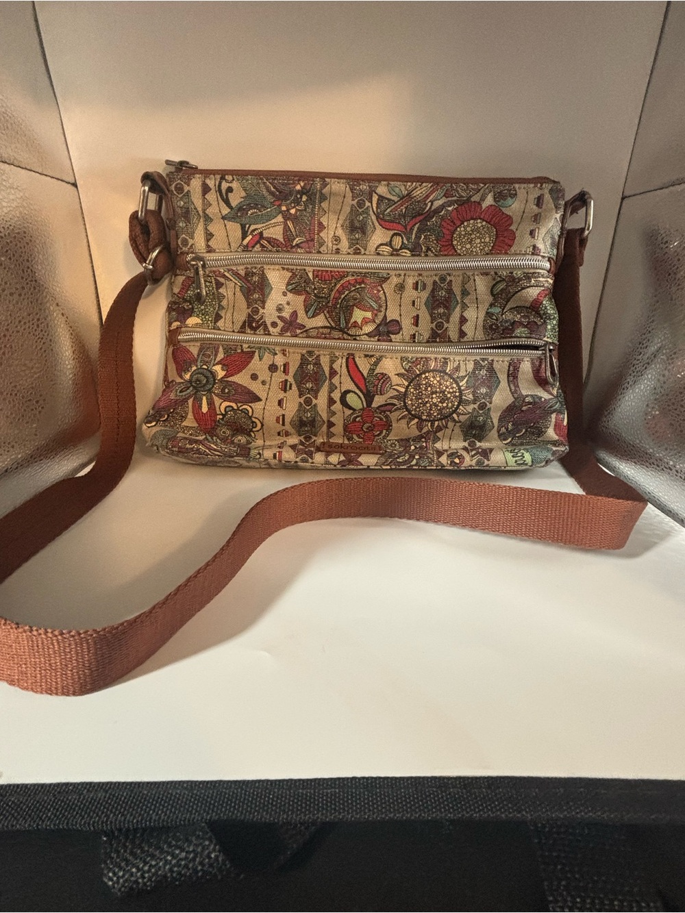Sakroots Cream Floral Print Crossbody with Brown Strap